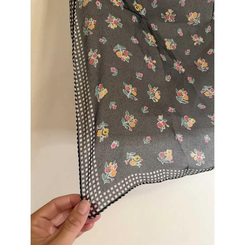 Vintage 90s Echo Black Ditsy Floral Square Scarf - Gingham Border 21x19 In